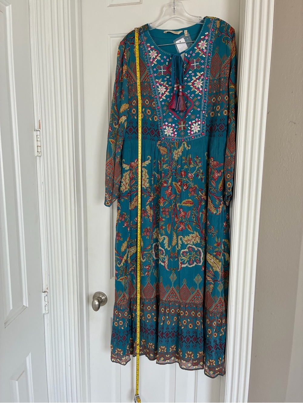 Soft Surroundings Mirapani Teal Floral Embroidered Tassel Maxi Dress - Picture 4 of 8